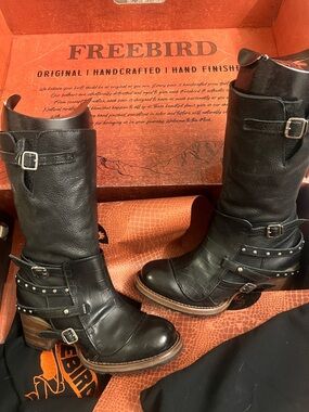 Freebird by Steven Clayton Black Leather Mid-Calf Buckle & Stud Boots